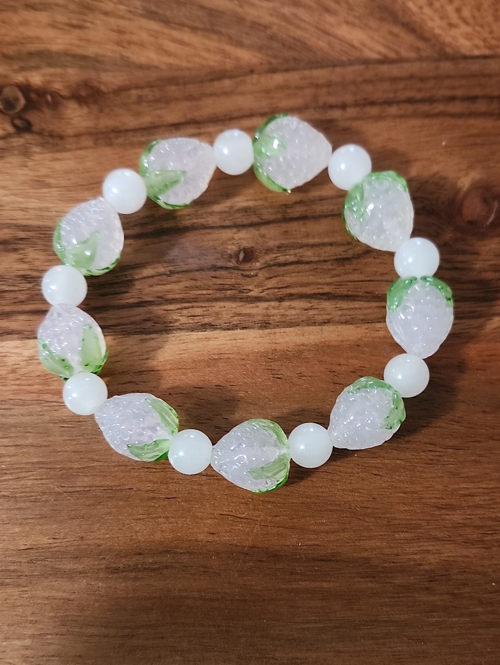 Handmade White Jade and Pink Strawberry Beaded Stretch Bracelet